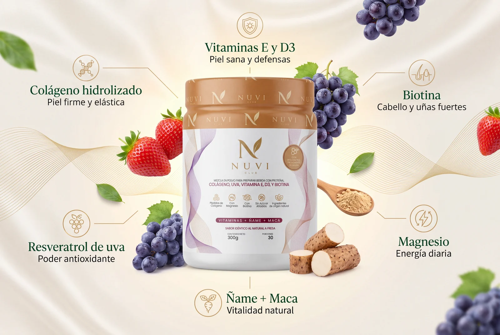 Nuvi Collagen Resveratrol — péptidos de colágeno, resveratrol de uva y biotina